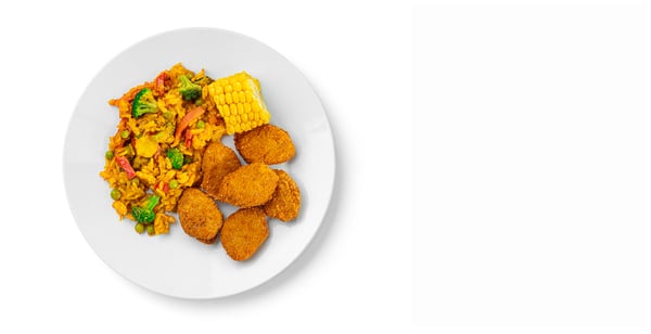 Bezmasé nugetky, směs rýže se zeleninou, kukuřice