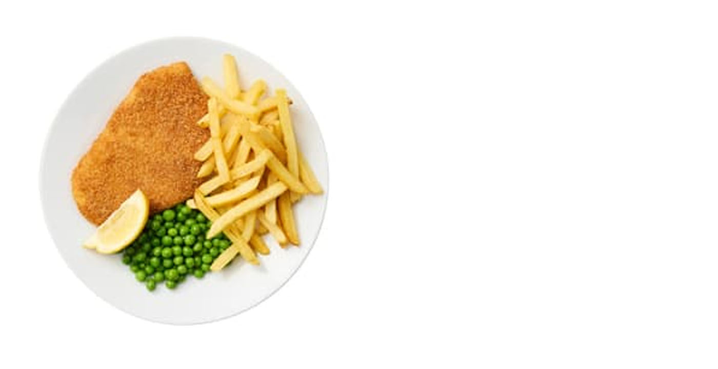 Bezmasý řízek, hranolky, se zeleným hráškem a citronem