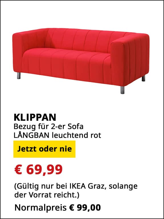 Bezug für 2er-Sofa klippan, LÅNGBAN leuchtend rot, statt € 99 um € 69,99.