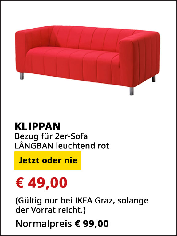 Bezug für Klippan 2-er Sofa, LÅNGBAN leuchtend rot, statt € 99 um € 49.