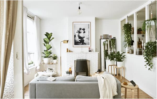 Biela obývacia izba s pohovkou, kozubom, rastlinami a stoličkami použitými ako príručný stolík.