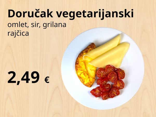 Bijeli tanjur s omletom, kriškama sira i pečenim rajčicama. Tekst prikazuje cijenu 2,49 € i opis doručka. IKEA logo nalazi se u donjem desnom kutu.