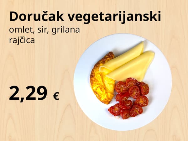 Bijeli tanjur s omletom, kriškama sira i pečenim rajčicama. Tekst prikazuje cijenu 2,29 € i opis doručka. IKEA logo nalazi se u donjem desnom kutu.
