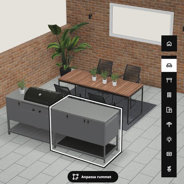 Bild från planeringsverktyget av en ritning på en uteplats med utekök och matplats.