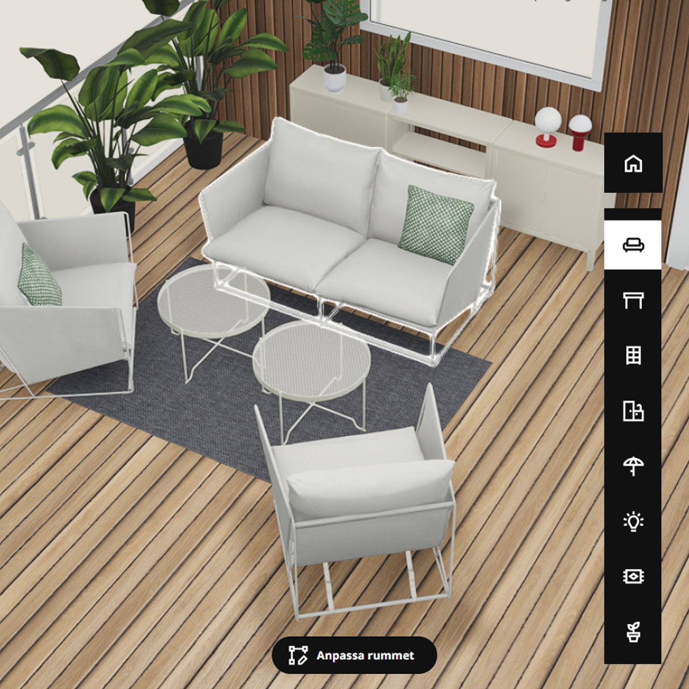 Bild från planeringsverktyget på en balkong inredd med HAVSTEN loungesoffor.
