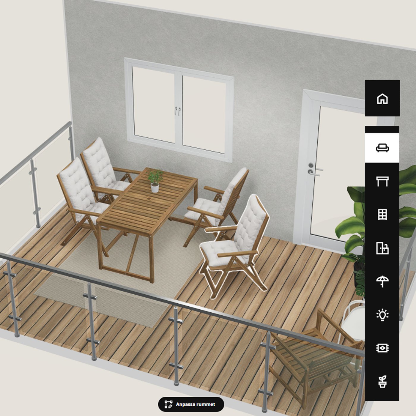 Bild från planeringsverktyget på en balkong inredd med NÄMMARÖ utemöbler.