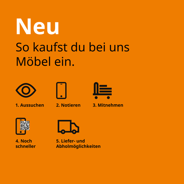Bild mit orangenem Hintergrund auf dem Steht Neu, so kaufst du bei uns Möbel ein.