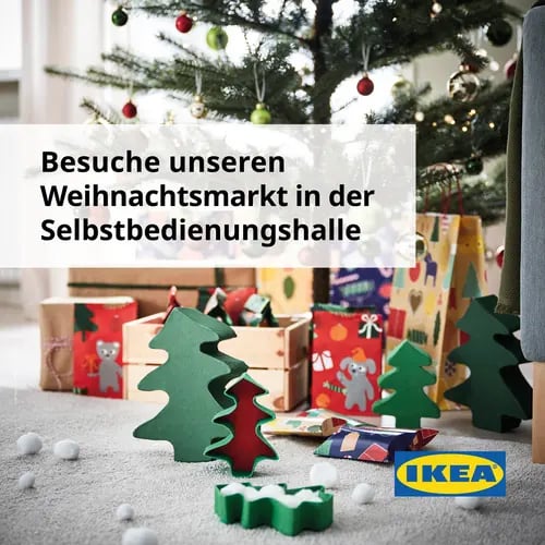Bild mit weihnachtlicher Dekoration und dem Text Besuche unseren Weihnachtsmakt in der Selbstbedienungshalle.