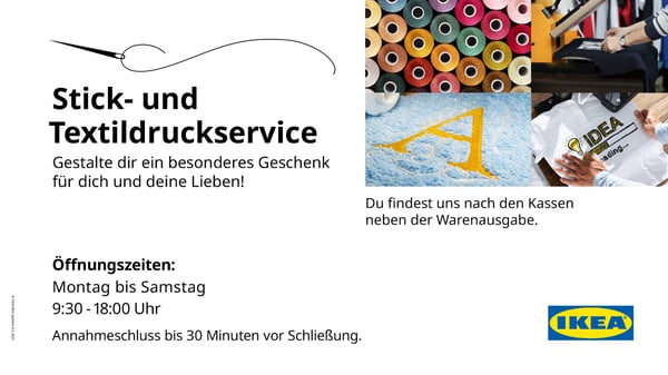 Bild stellt einen Stickservice in Salzburg dar. Geöffnet ist er von Montag bis Samstag von 9:30 bis 18 Uhr.