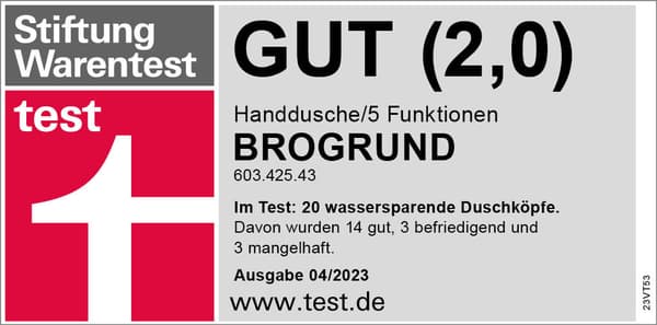 Bild Testsiegel von Stiftung Warentest Testurteil gut 2,0 für die BROGRUND Handdusche