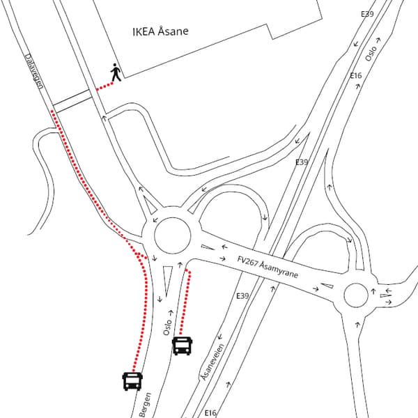 Bilde er et kart over hvordan kunder kan gå til busstopp for å ta offentlig transport til og fra IKEA Åsane.