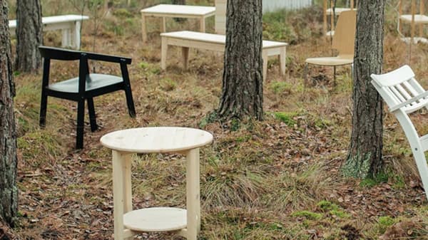 Bílé, černé a lehké dřevěné stoly a židle roztroušené po lese, vyrobené z našich obnovitelných materiálů.