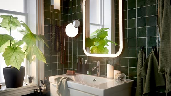 Bilik mandi yang mempunyai cermin dengan pencahayaan bersepadu berwarna putih terlekap pada dinding di atas kabinet bawah sink, serta tuala tamu berwarna hijau muda dan tumbuhan berpasu.