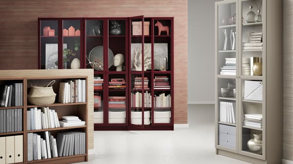 BILLY Bookcase with glass-doors, dark red, 80x30x202 cm