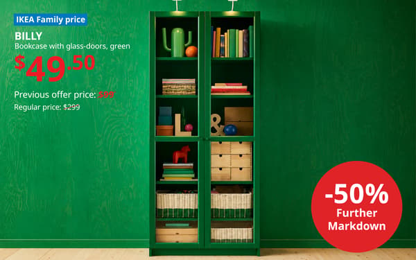 BILLY bookcase with glass doors in green, now $49.50 with an extra 50% markdown during the final 3 days of the IKEA Swedish Midsommar Sale.