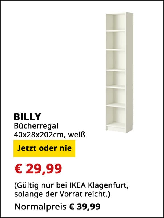 Billy Bücherregal, 40x28x202cm, weiß statt € 39,99 um € 29,99.