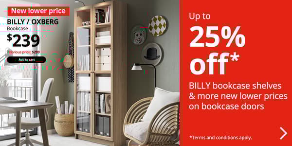 BILLY / OXBERG bookcase with glass doors, oak effect, 80x30x202 cm. Price: $2239 Previous Price: $299. White text on red background reads: Up to 25% off BILLY bookcase shelves & more new lower prices on bookcase doors. 