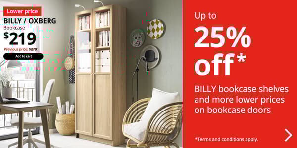 BILLY / OXBERG bookcase with panel/glass doors, oak effect, 80x30x202 cm. Price: $219 Previous Price: $279. White text on red background reads: Up to 25% off BILLY bookcase shelves and more lower prices on bookcase doors. 