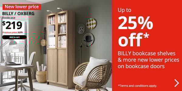 BILLY / OXBERG bookcase with panel/glass doors, oak effect, 80x30x202 cm. Price: $219 Previous Price: $279. White text on red background reads: Up to 25% off BILLY bookcase shelves and more lower prices on bookcase doors. 