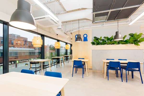 birch table and blue chairs