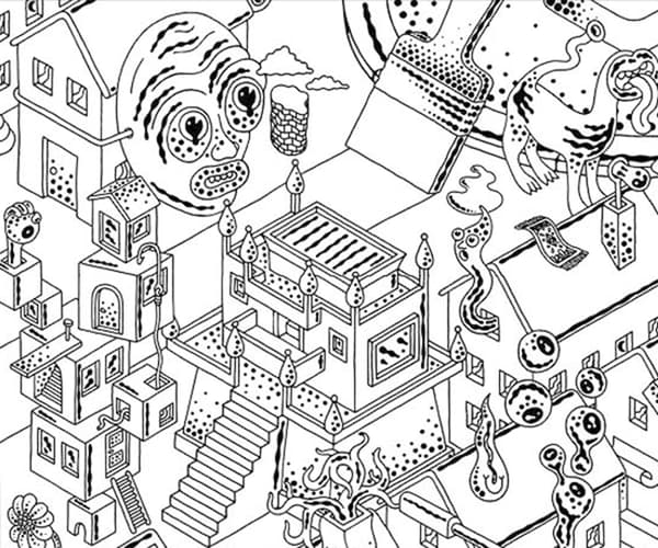 Black and white drawing of the LUSTIGT imaginary world.