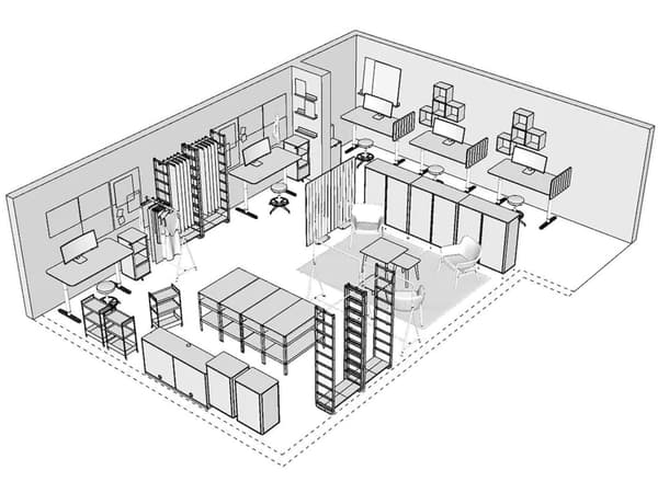 Black and white visual of a digitally sketched office space