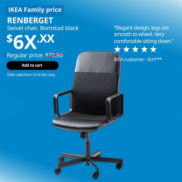 Black RENBERGET swivel chair for home office. $69.90. Offer valid from 12-14 Dec 2025. IKEA 12.12 SALE 