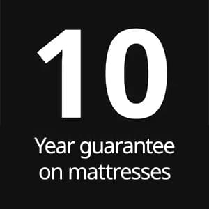Black square with white text that reads "10 Year guarantee on mattresses" 