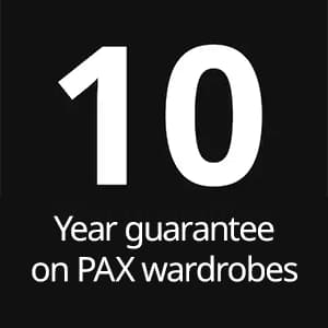 Black square with white text that reads "10 year guarantee on PAX wardrobes". 