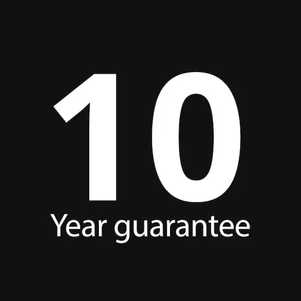 Black square with white words reading 10 year guarantee.