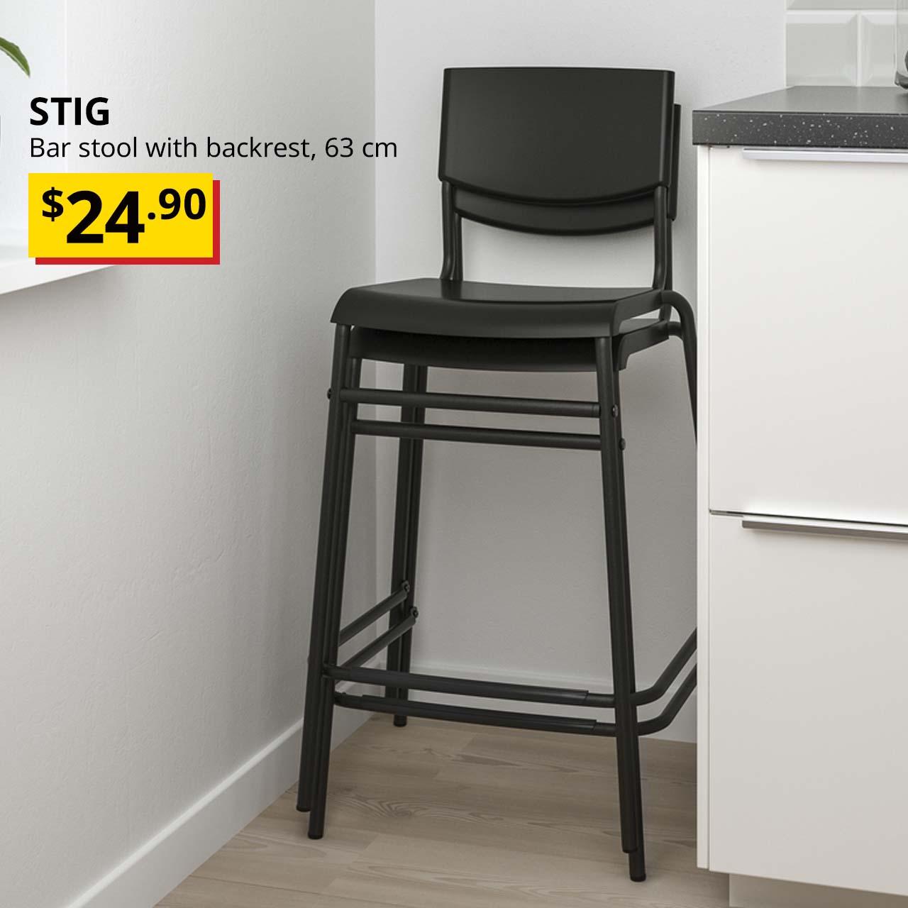 Black STIG bar stool with backrest. Price: $24.90.