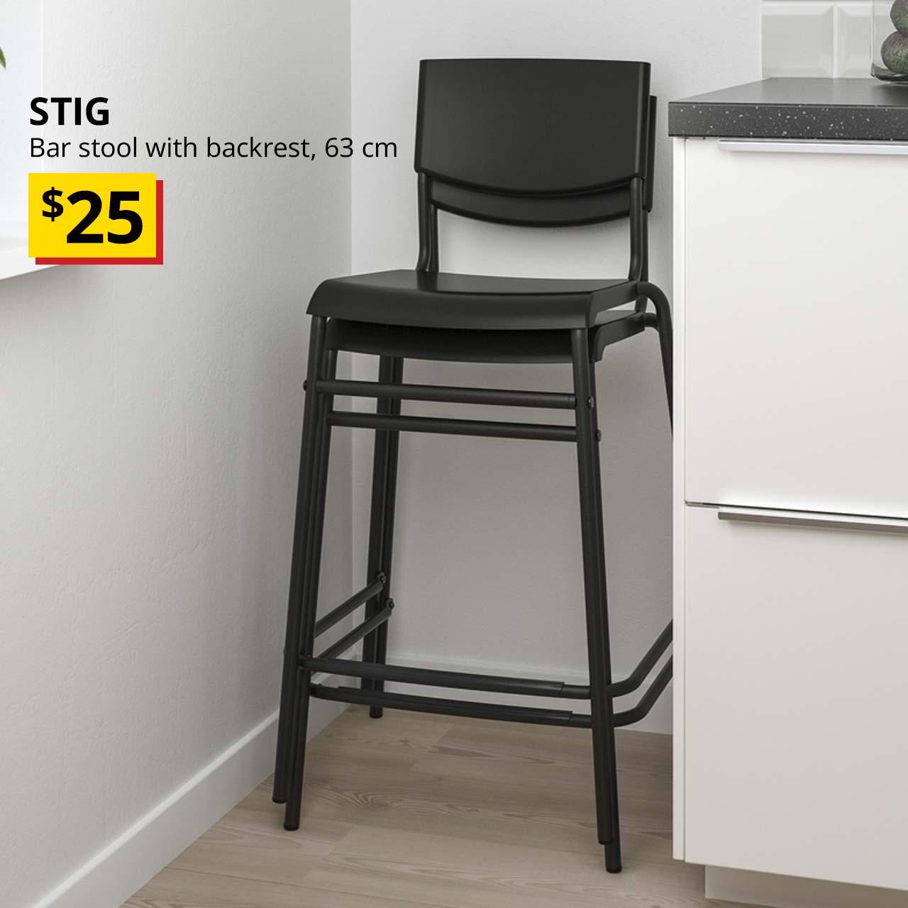 Black STIG bar stool with backrest. Price: $25.