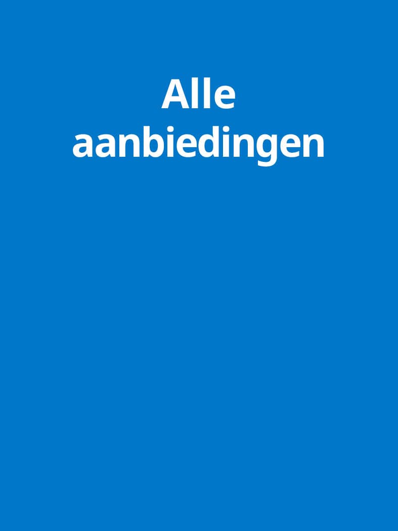 Blauwe promotiebanner met de witte tekst “Alle aanbiedingen”, gecentreerd op een effen blauwe achtergrond in een eenvoudig ontwerp.
