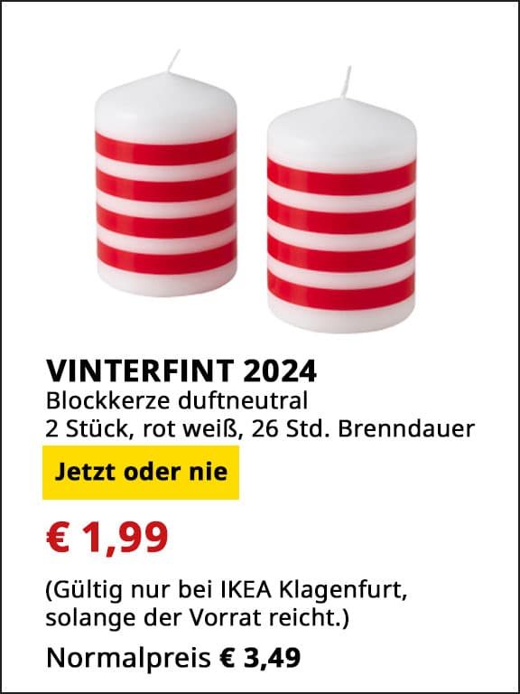 Blockkerze Vinterfint 2024, duftneutral, 2 Stück, rot weiß, Brenndauer 26 Stunden, statt € 3,49 um € 1,99.