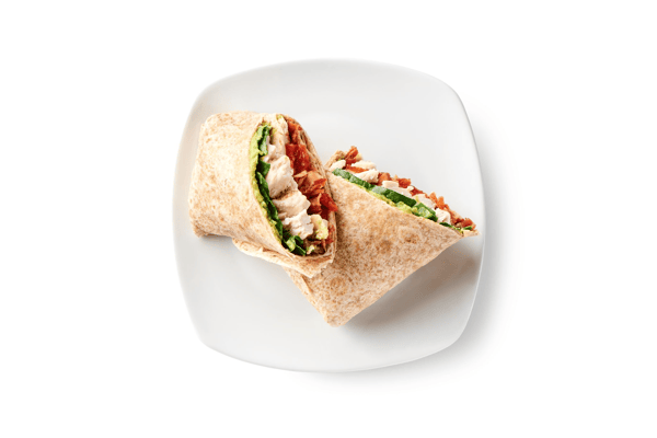 BLT chicken wrap, Served on a Whole Wheat Wrap with Chicken Breast, Avocado Spread and Bacon
