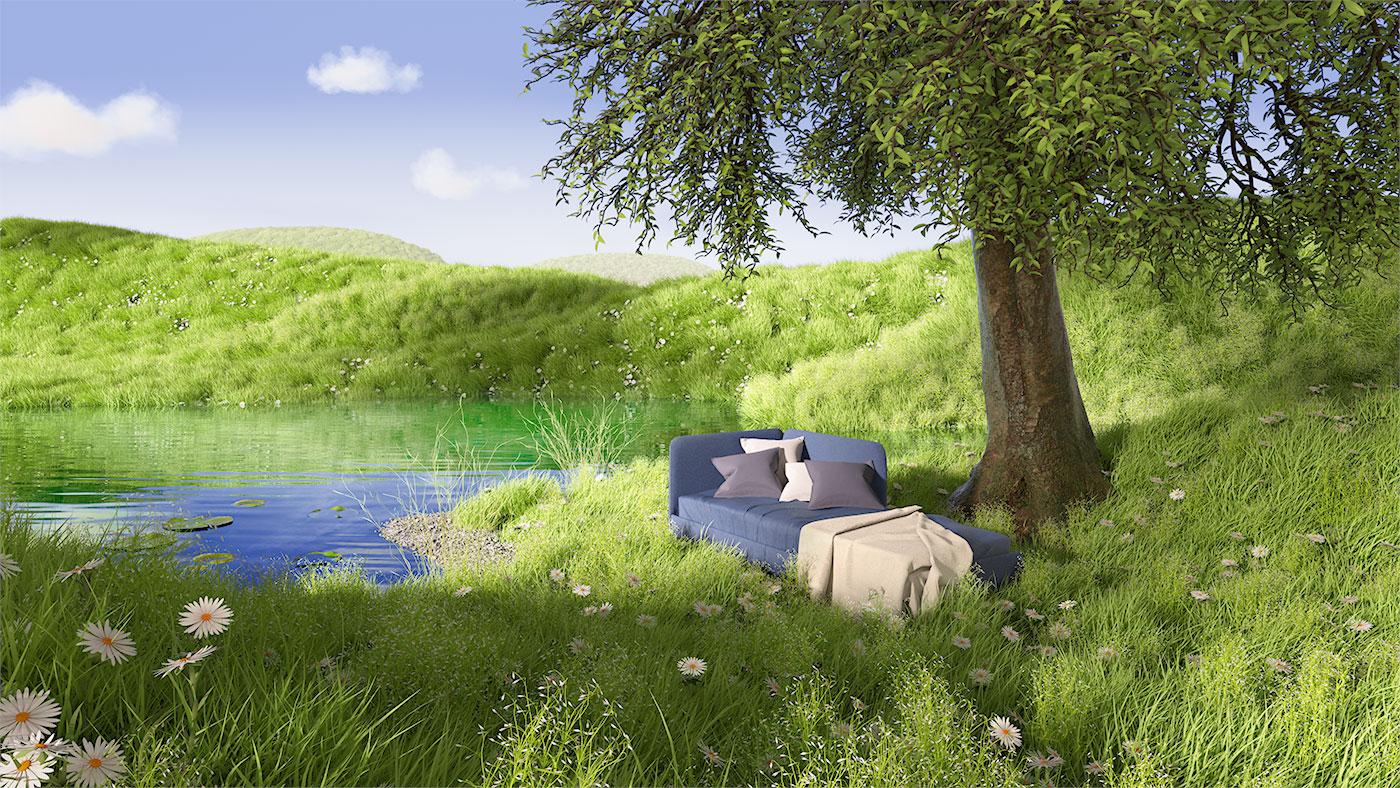 Blue BLÅKULLEN bed frame with corner headboard, a throw and cushions on top, rests in lush green grass by a pond and a tree.
