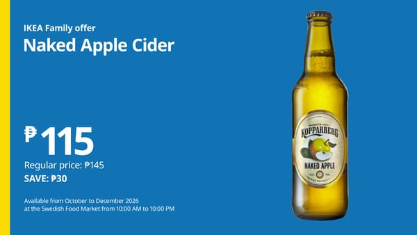 Blue IKEA Family ad featuring a bottle of Kopparberg Naked Apple Cider, priced at ₱115, saving ₱30; available October–December.