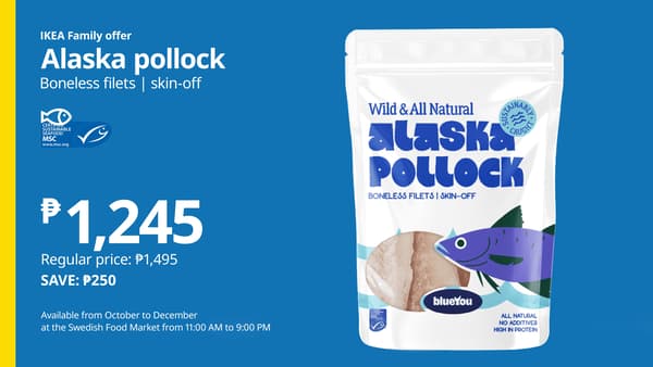 Blue IKEA Family ad for wild Alaska pollock boneless, skin-off fillets. A white BluefoU pouch appears beside the ₱1,245 price, with a cheerful, clean look.