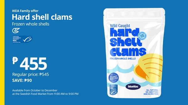 Blue IKEA Family offer ad featuring a white bag of frozen whole hard shell clams. Text highlights the ₱455 price, savings, and seasonal availability; bold, promotional tone.