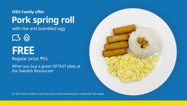 Blue IKEA Family offer poster featuring pork spring rolls, rice, and scrambled egg on a plate; the meal is free with a green OFTAST plate purchase.
