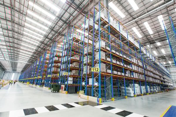 Blue shelfs in the warehouse