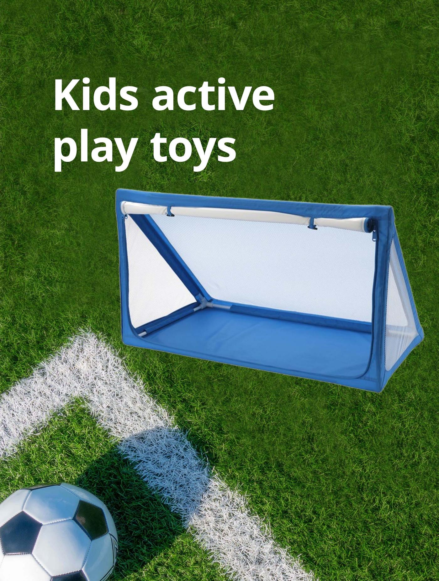 Blue SPORTSLIG ball storage/goal on a football pitch background. White text reads: Kids active play toys