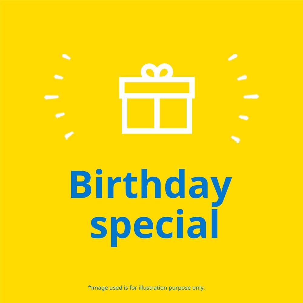Blue text on yellow background reads: Birthday special. IKEA Family Members get 3x Family points for your first purchase in-stores on your Birthday Month. T&Cs apply.