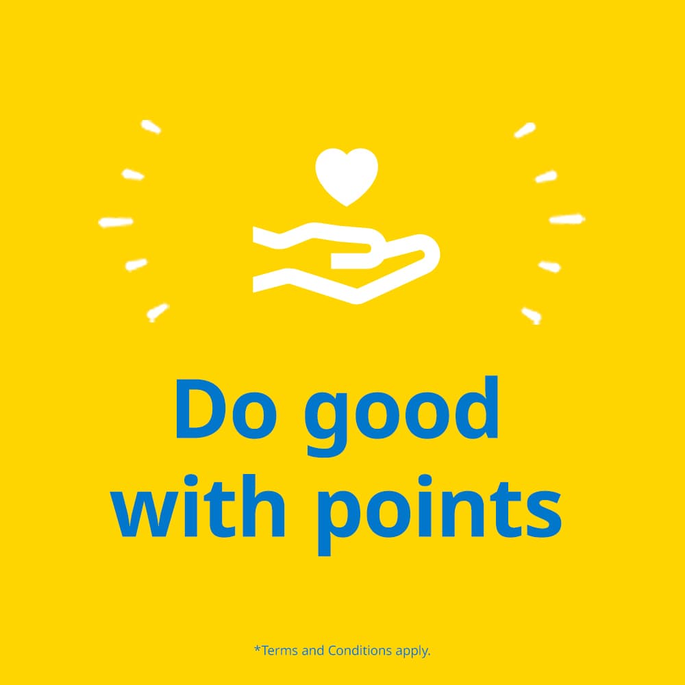 Blue text on yellow background reads: Do good with points
