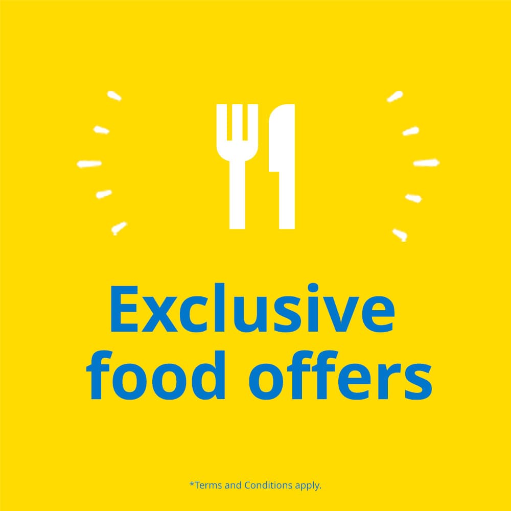 Blue text on yellow background reads: Exclusive food offers