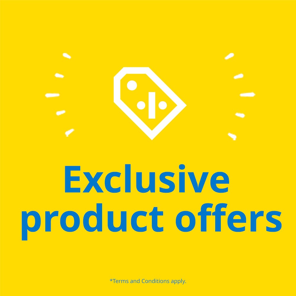 Blue text on yellow background reads: Exclusive product offers for IKEA Family members.