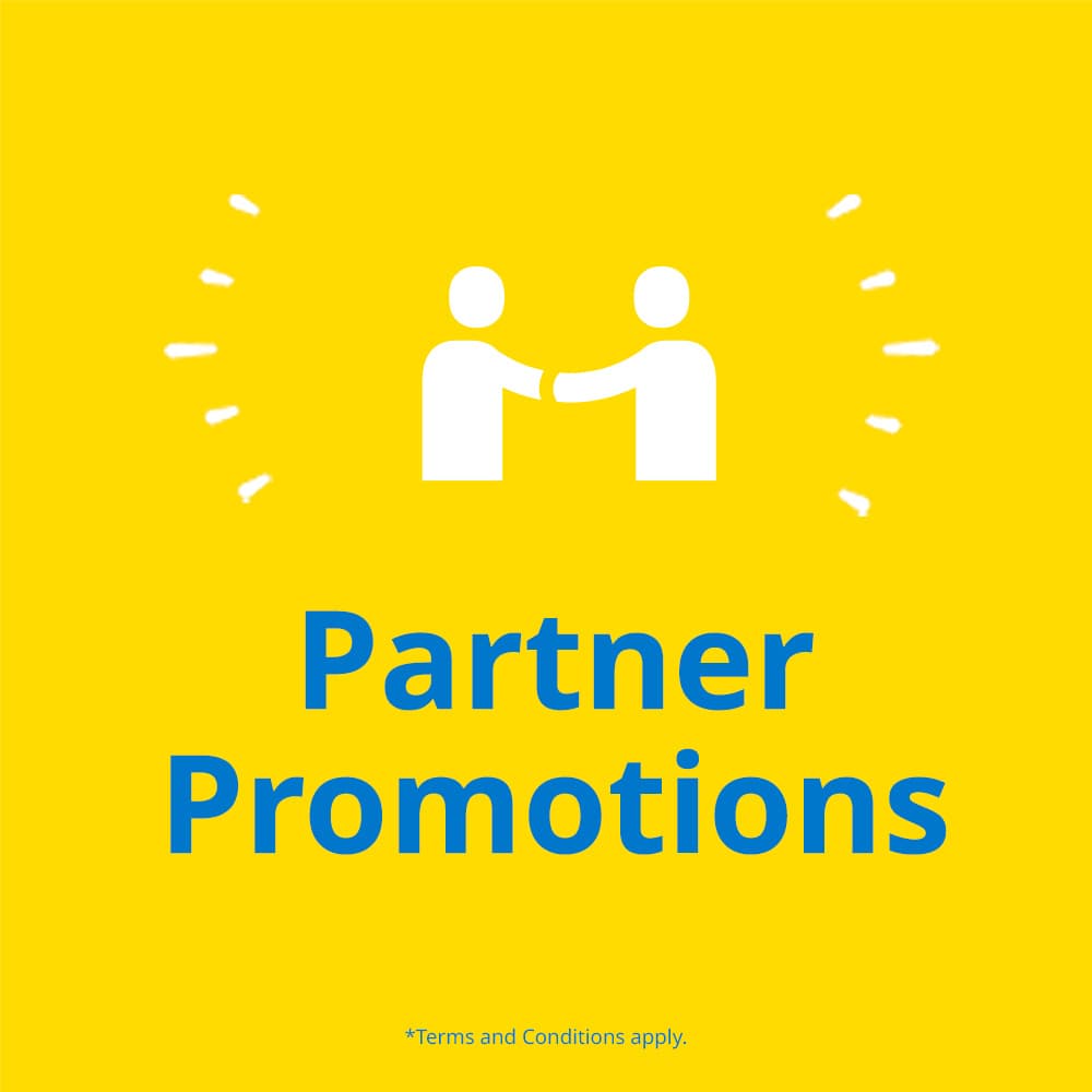 Blue text on yellow background reads: Partner Promotions