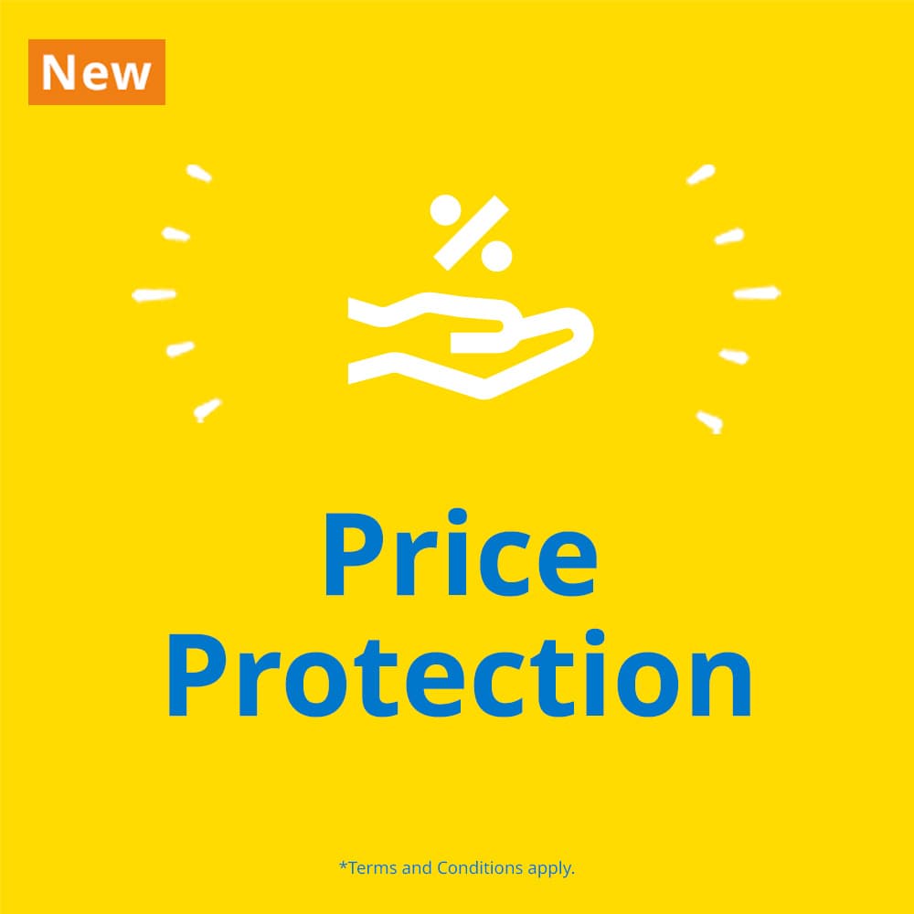Blue text on yellow background reads: Price Protection. Shop confidently with price protection for 30 days and get refunded the difference if prices are lowered*.