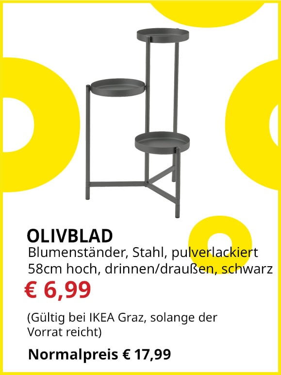 Blumenständer für 3 Blumentöpfe, für drinnen und draußen Olivblad, 58cm hoch, dunkelgrau, statt € 17,99 um € 6,99.