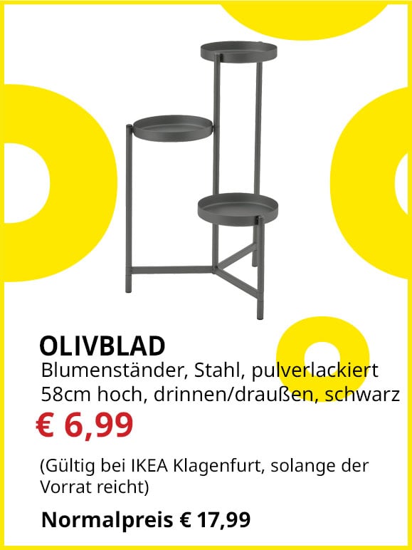 Blumenständer für drinnen und draußen für 3 Blumentöpfe Olivblad, 58cm hoch, dunkelgrau, statt € 17,99 um € 6,99.